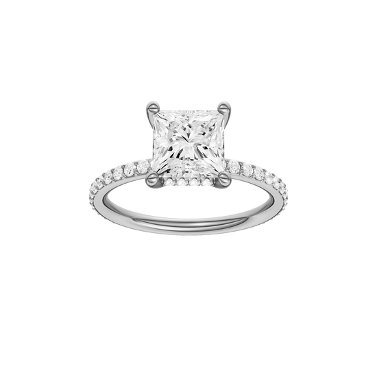 A front view of the Princess cut diamond engagement ring in 14k white gold with a prong diamond band and cathedral setting
