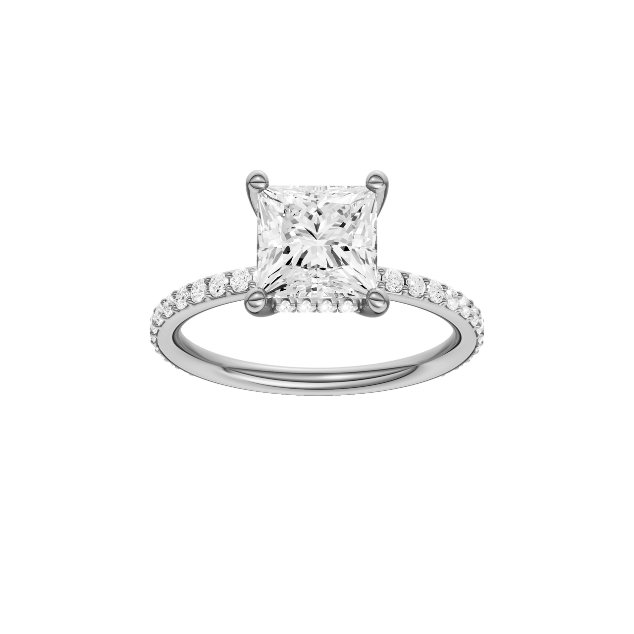 A front view of the Princess cut diamond engagement ring in 14k white gold with a prong diamond band and cathedral setting