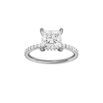 A front view of the Princess cut diamond engagement ring in 14k white gold with a prong diamond band and cathedral setting