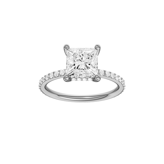 A front view of the Princess cut diamond engagement ring in 14k white gold with a prong diamond band and cathedral setting