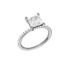 A three-quarter view of the Princess cut diamond engagement ring in 14k white gold with a prong diamond band and cathedral setting