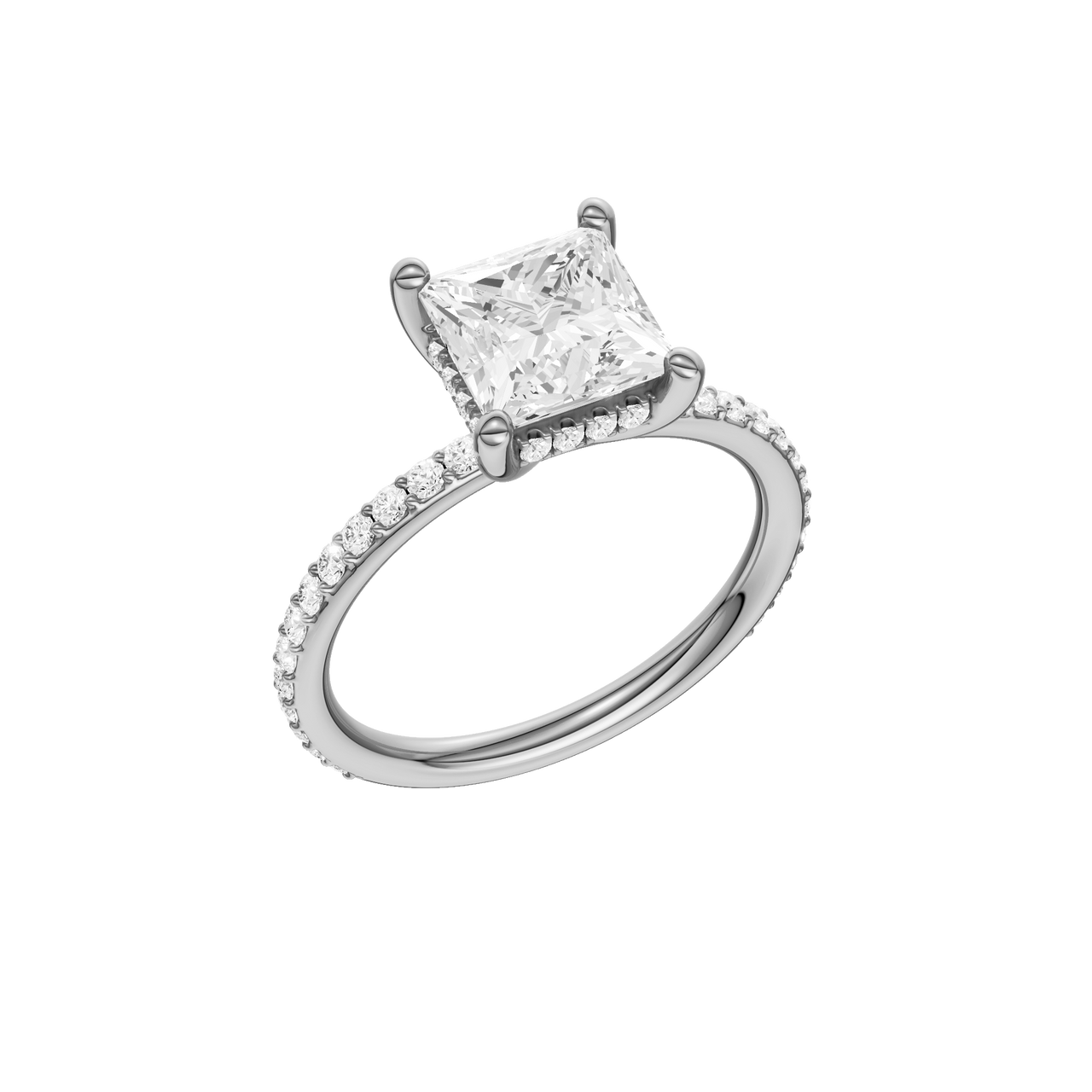 A three-quarter view of the Princess cut diamond engagement ring in 14k white gold with a prong diamond band and cathedral setting