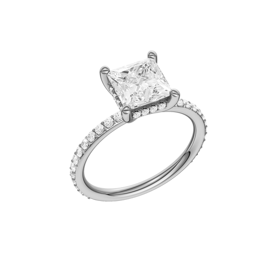 A three-quarter view of the Princess cut diamond engagement ring in platinum with a prong diamond band and cathedral setting