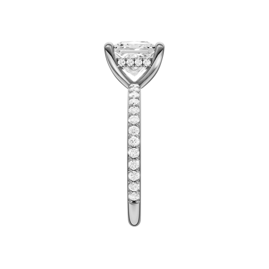 A side view of the Princess cut diamond engagement ring in platinum with a prong diamond band and cathedral setting