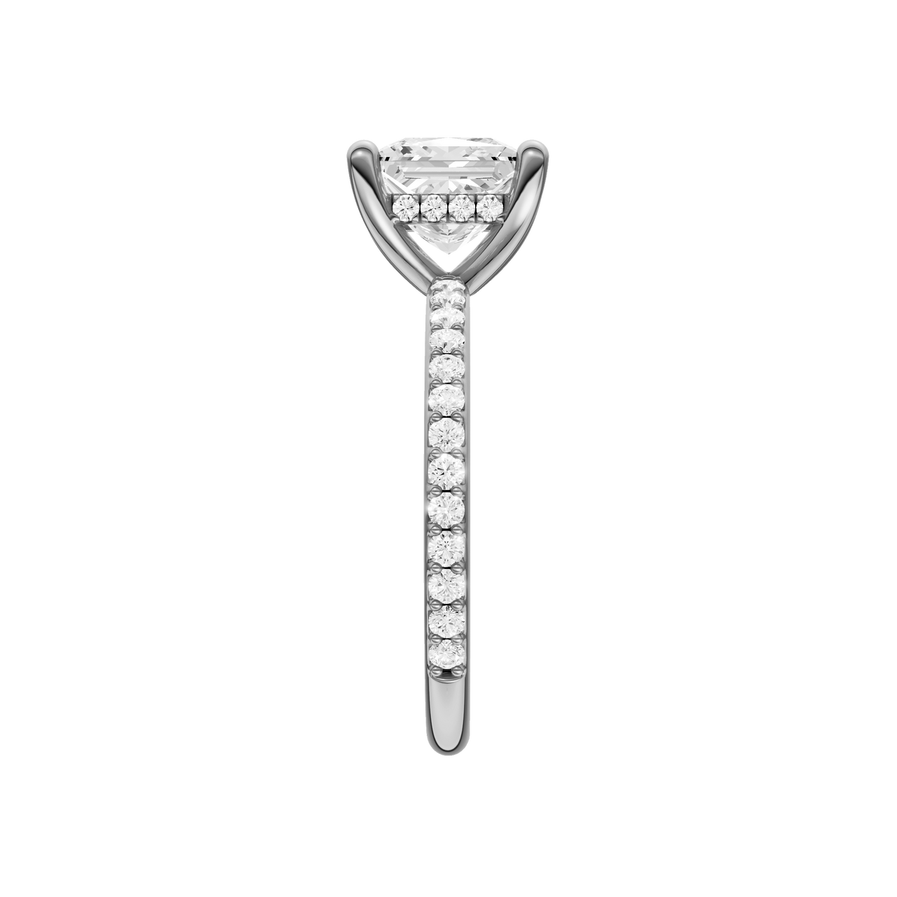A side view of the Princess cut diamond engagement ring in 14k white gold with a prong diamond band and cathedral setting