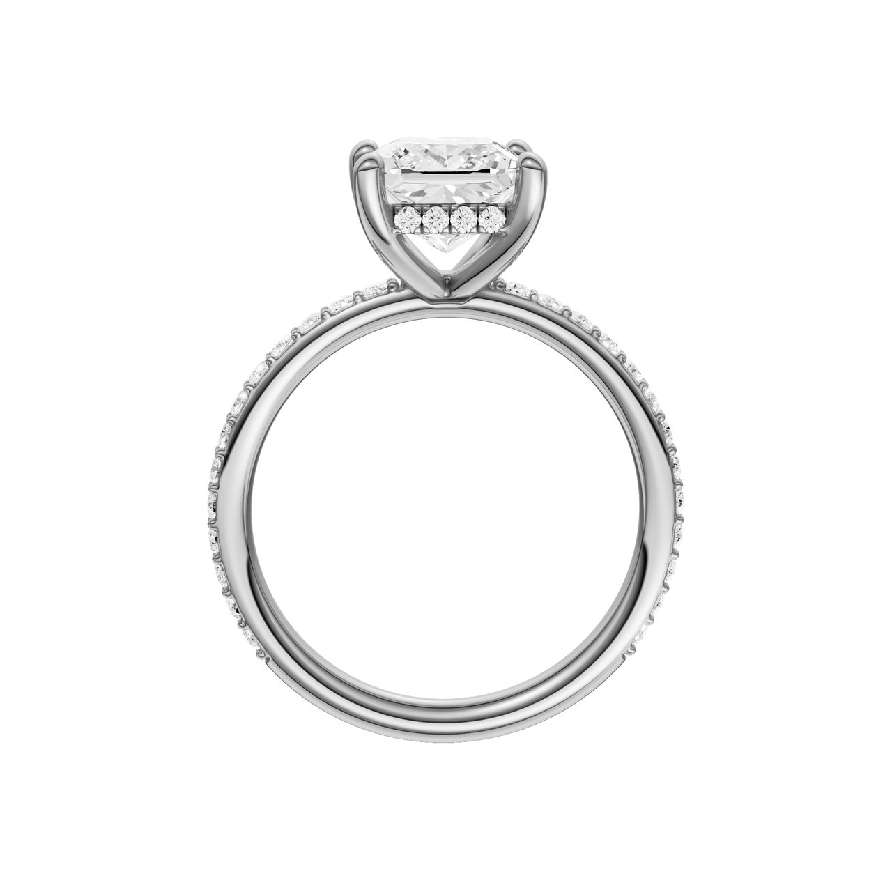 A profile view of the Princess cut diamond engagement ring in 14k white gold with a prong diamond band and cathedral setting