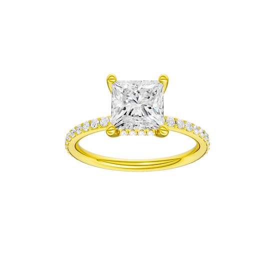 A front view of the Princess cut diamond engagement ring in 14k yellow gold with a prong diamond band and cathedral setting