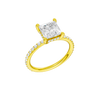 A three-quarter view of the Princess cut diamond engagement ring in 14k yellow gold with a prong diamond band and cathedral setting