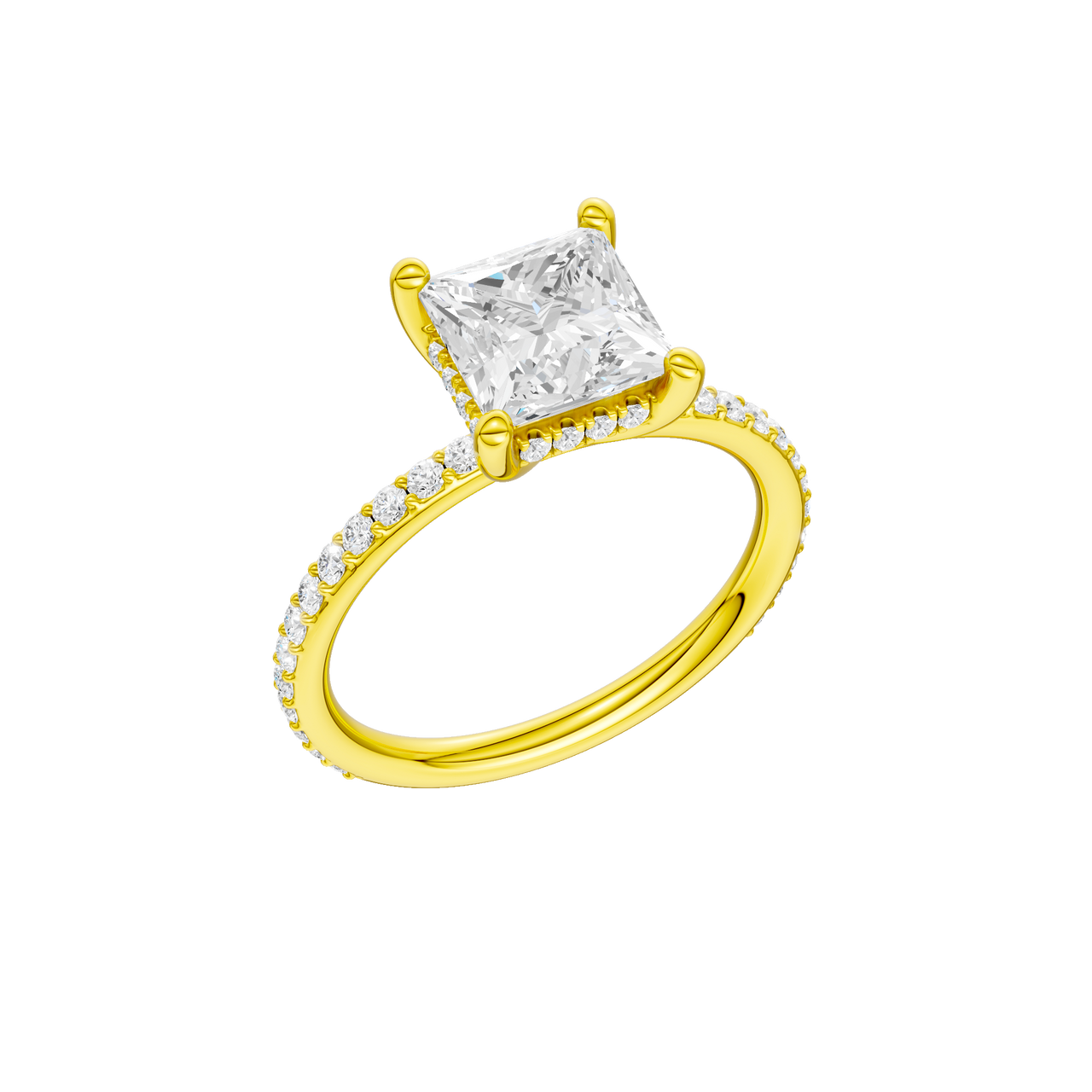 A three-quarter view of the Princess cut diamond engagement ring in 14k yellow gold with a prong diamond band and cathedral setting
