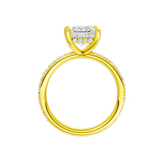A profile view of the Princess cut diamond engagement ring in 14k yellow gold with a prong diamond band and cathedral setting