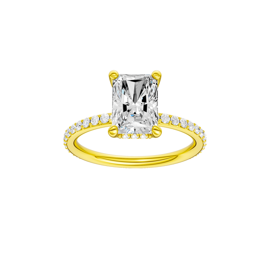 A front view of the Radiant cut diamond engagement ring in 14k yellow gold with a diamond band and hidden halo, cathedral setting