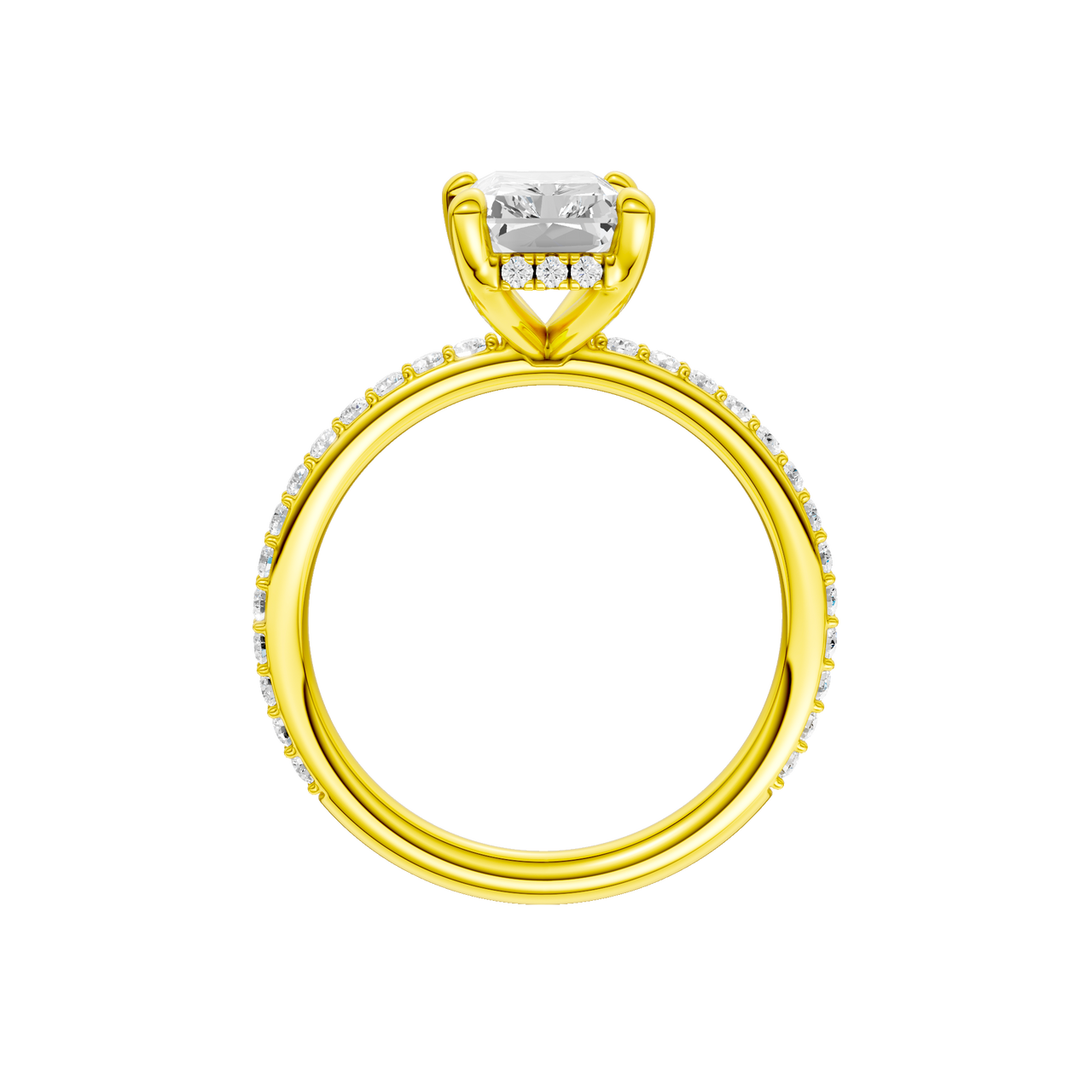 A profile view of the Radiant cut diamond engagement ring in 14k yellow gold with a diamond band and hidden halo, cathedral setting
