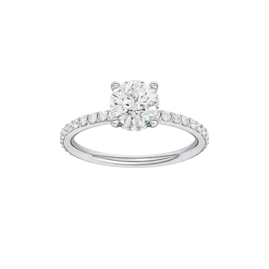 A front view of the Round cut diamond engagement ring in 14k white gold with a prong diamond band and cathedral setting