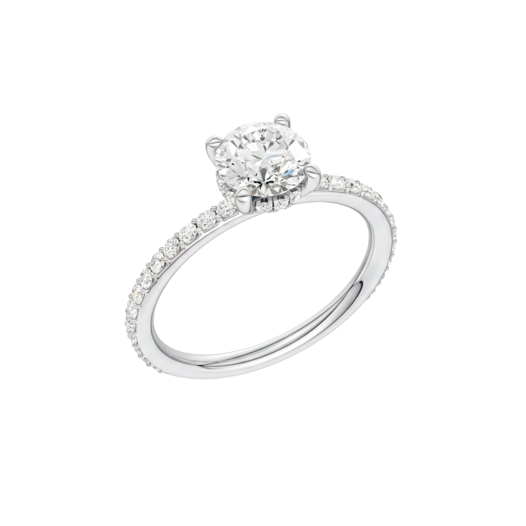 A three-quarter view of the Round cut diamond engagement ring in 14k white gold with a prong diamond band and cathedral setting