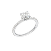 A three-quarter view of the Round cut diamond engagement ring in platinum with a prong diamond band and cathedral setting