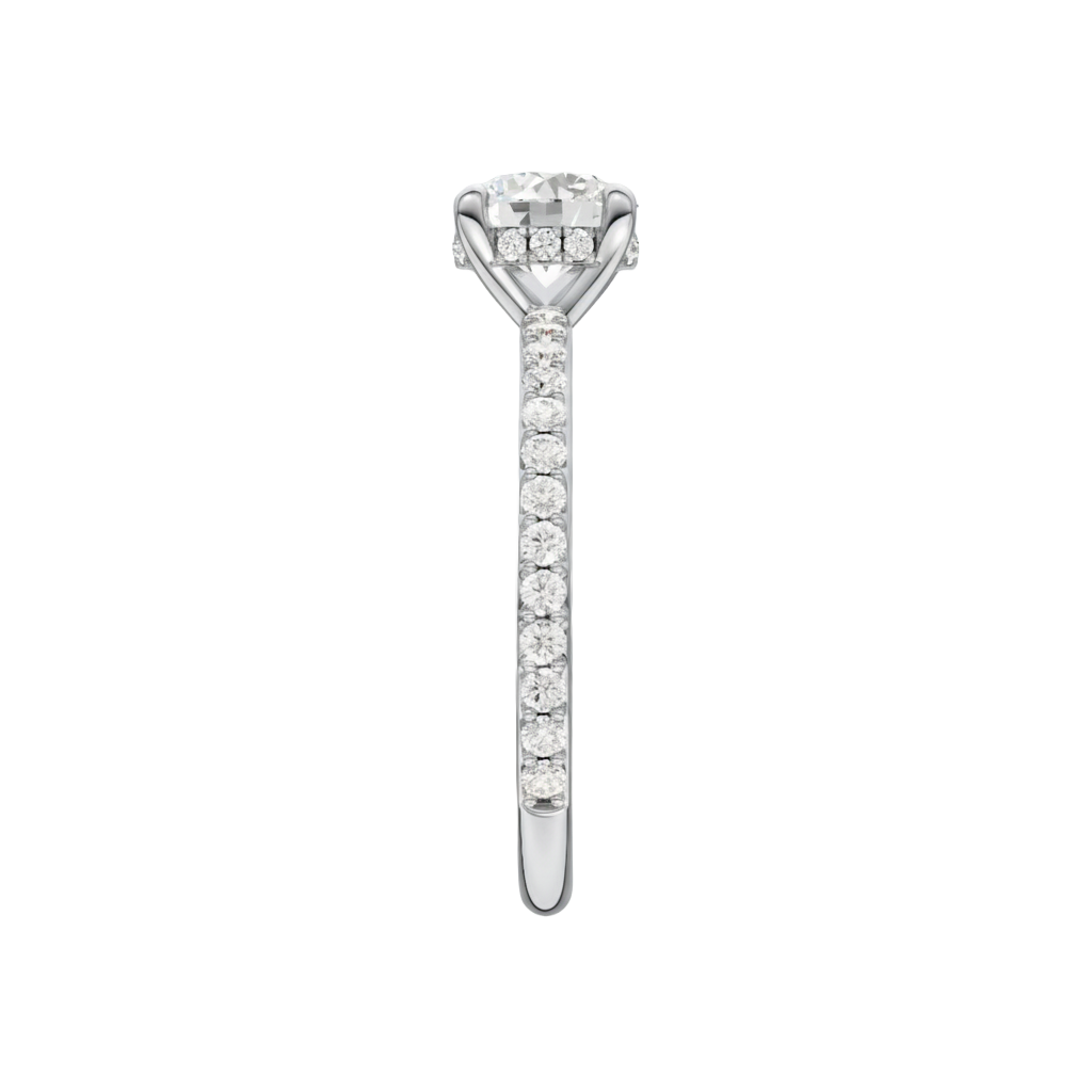 A side view of the Round cut diamond engagement ring in 14k white gold with a prong diamond band and cathedral setting