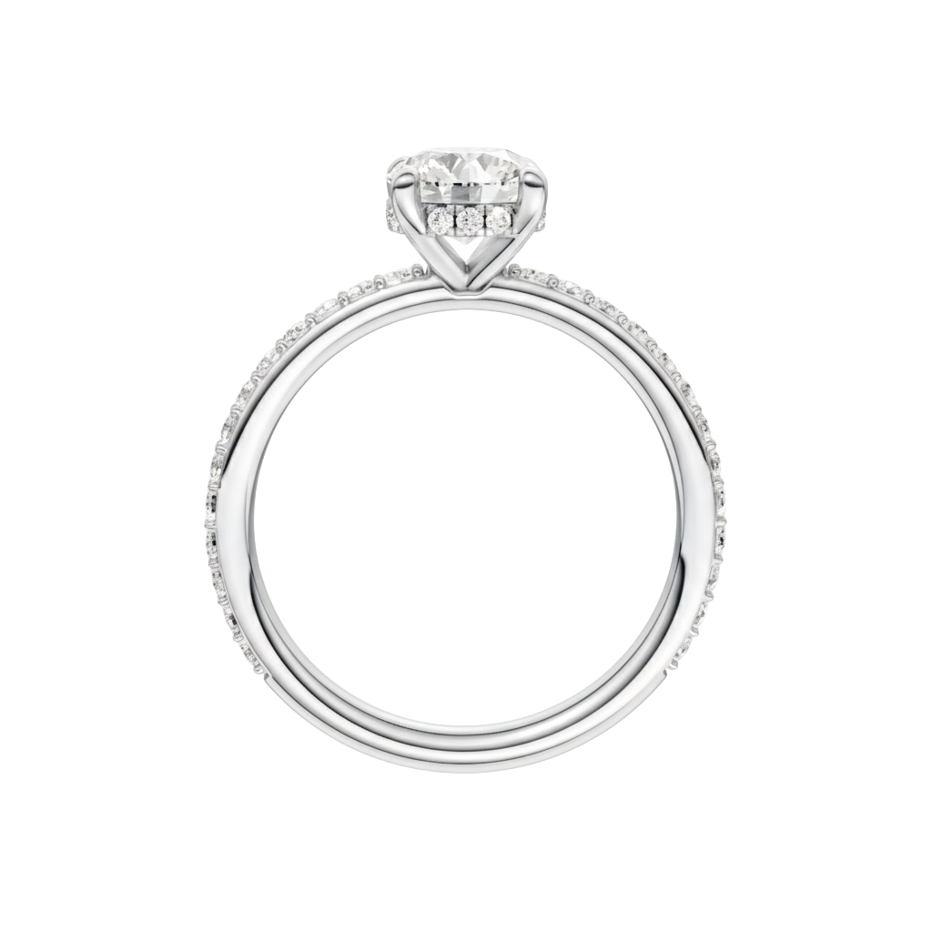 A profile view of the Round cut diamond engagement ring in 14k white gold with a prong diamond band and cathedral setting