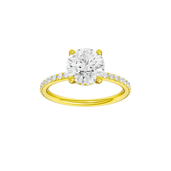 A front view of the Round cut diamond engagement ring in 14k yellow gold with a prong diamond band and cathedral setting