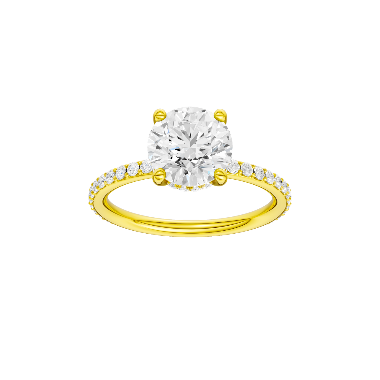 A front view of the Round cut diamond engagement ring in 14k yellow gold with a prong diamond band and cathedral setting