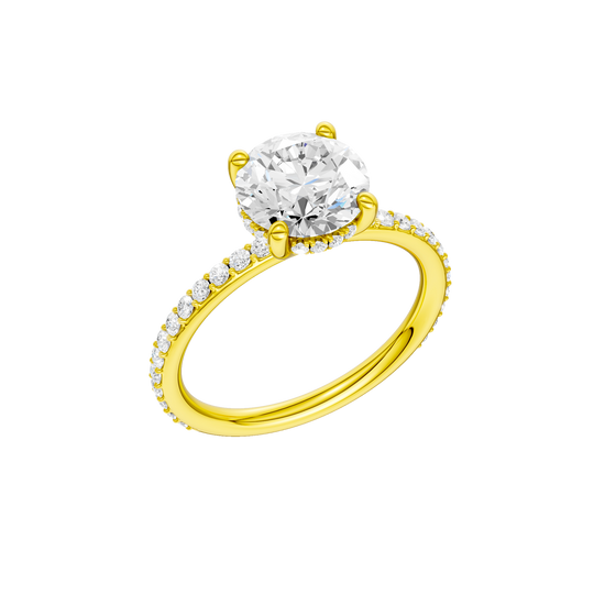 A three-quarter view of the Round cut diamond engagement ring in 14k yellow gold with a prong diamond band and cathedral setting