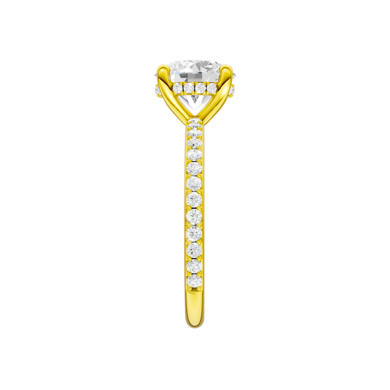 A side view of the Round cut diamond engagement ring in 14k yellow gold with a prong diamond band and cathedral setting