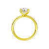 A profile view of the Round cut diamond engagement ring in 14k yellow gold with a prong diamond band and cathedral setting