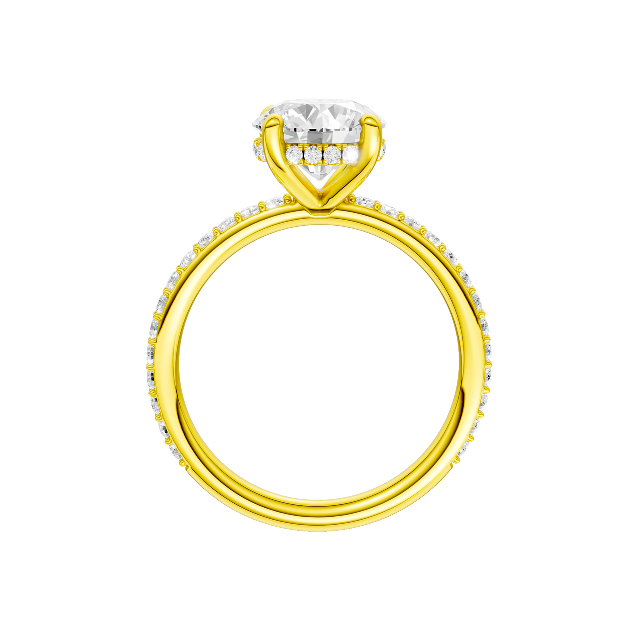 A profile view of the Round cut diamond engagement ring in 14k yellow gold with a prong diamond band and cathedral setting