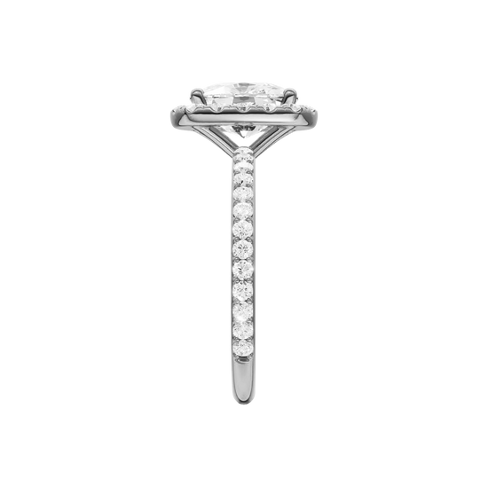 A side view of the Elongated Cushion cut diamond engagement ring in platinum with a prong band and solitaire setting
