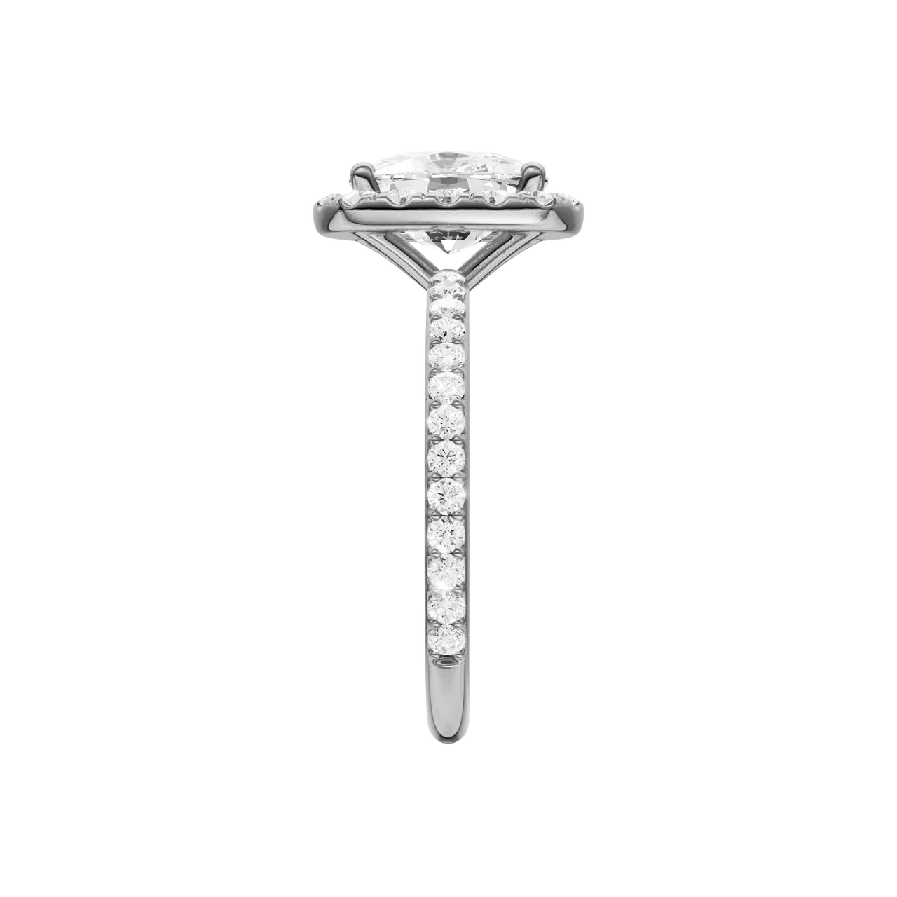 A side view of the Elongated Cushion cut diamond engagement ring in platinum with a prong band and solitaire setting