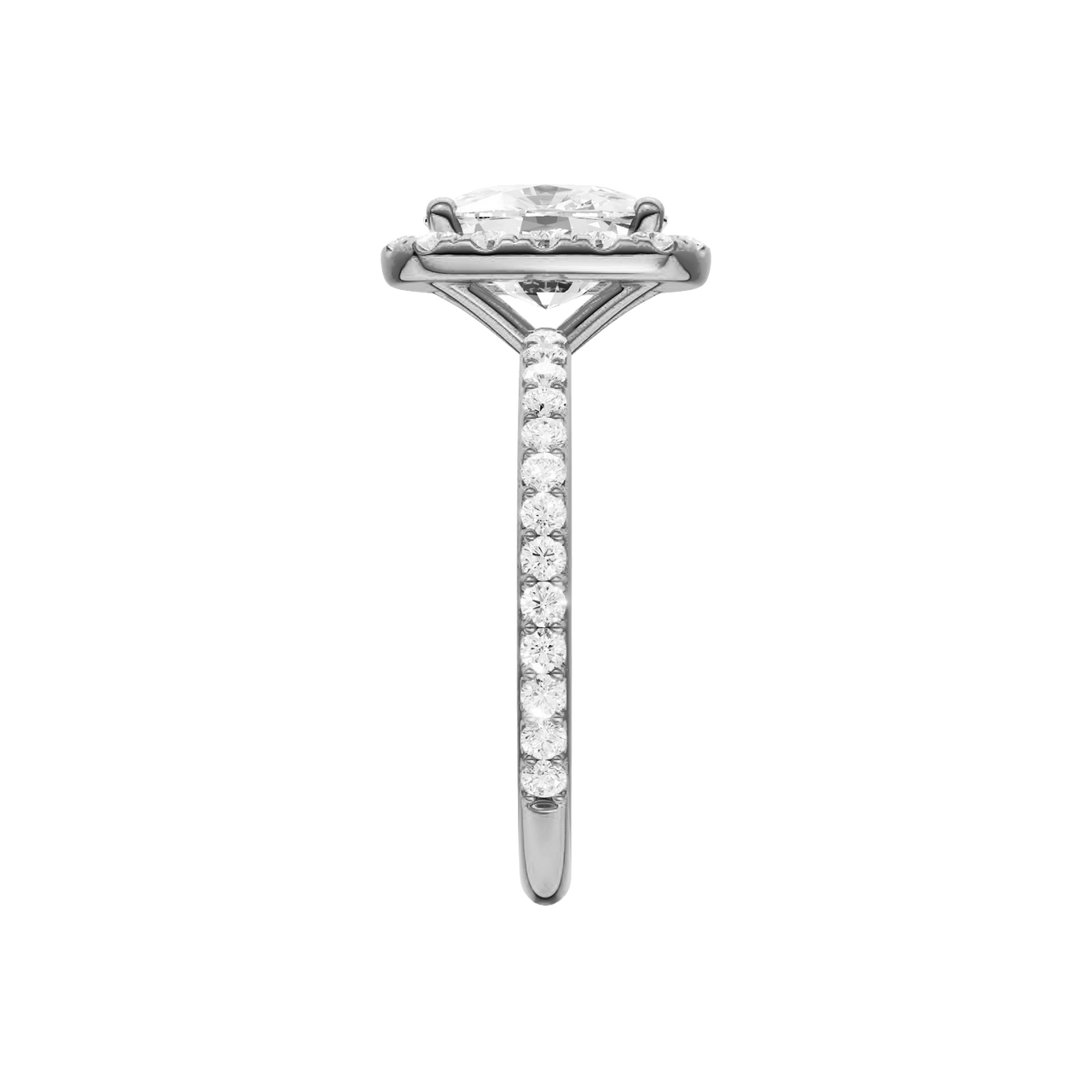 A side view of the Elongated Cushion cut diamond engagement ring in 14k white gold with a prong band and solitaire setting
