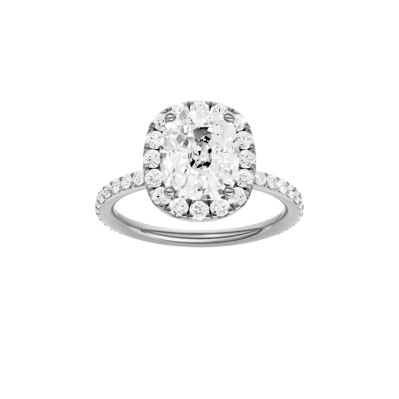 A front view of the Elongated Cushion cut diamond engagement ring in platinum with a prong band and solitaire setting
