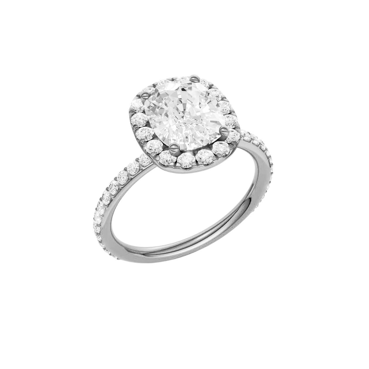 A three-quarter view of the Elongated Cushion cut diamond engagement ring in platinum with a prong band and solitaire setting