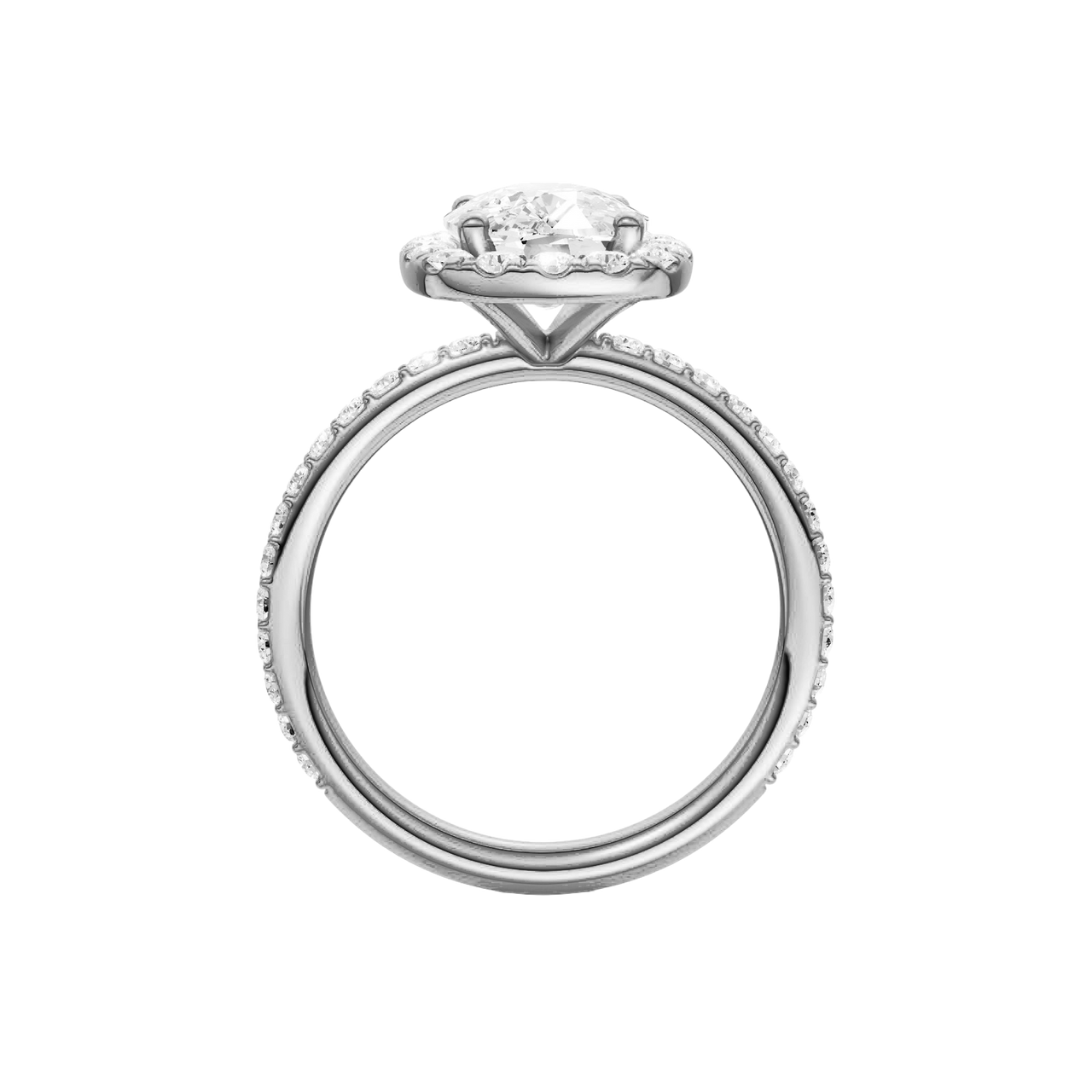 A profile view of the Elongated Cushion cut diamond engagement ring in platinum with a prong band and solitaire setting