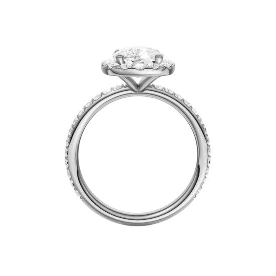 A profile view of the Elongated Cushion cut diamond engagement ring in 14k white gold with a prong band and solitaire setting