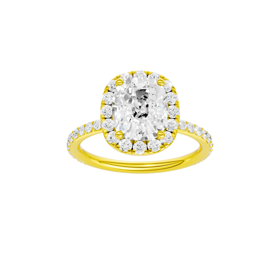 A front view of the Elongated Cushion cut diamond engagement ring in 14k yellow gold with a prong band and solitaire