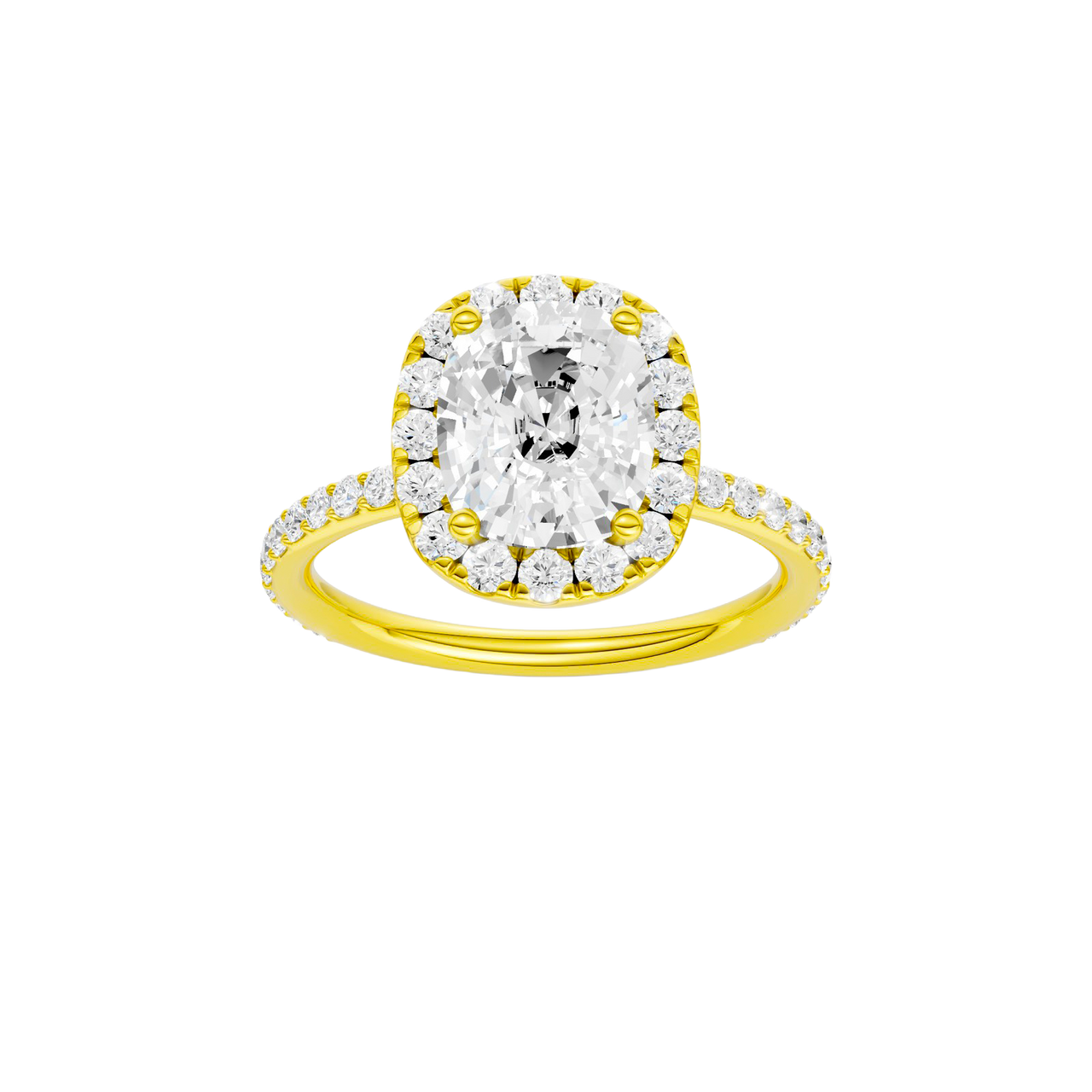 A front view of the Elongated Cushion cut diamond engagement ring in 14k yellow gold with a prong band and solitaire
