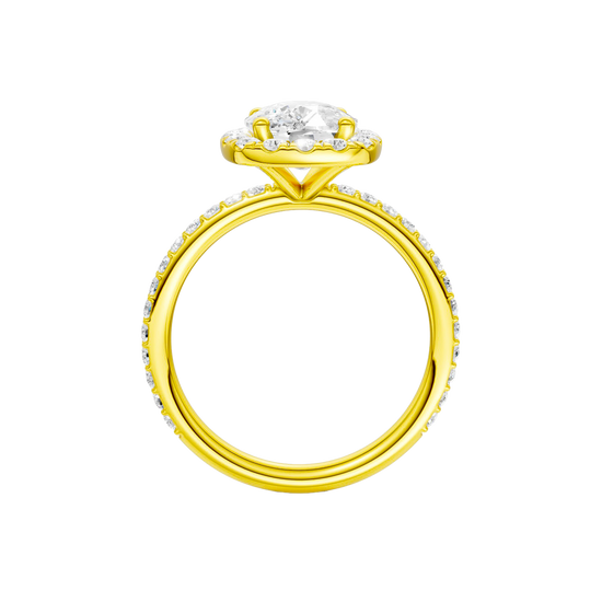 A profile view of the Elongated Cushion cut diamond engagement ring in 14k yellow gold with a prong band and solitaire