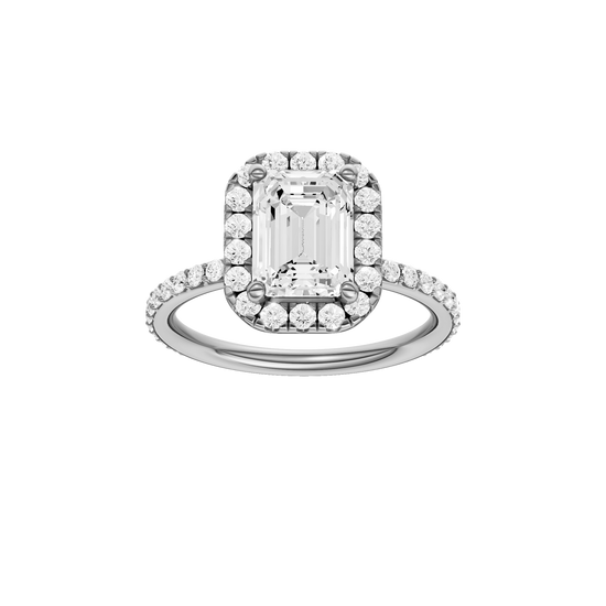 A front view of the Emerald cut diamond engagement ring in platinum with a prong diamond band and cathedral setting