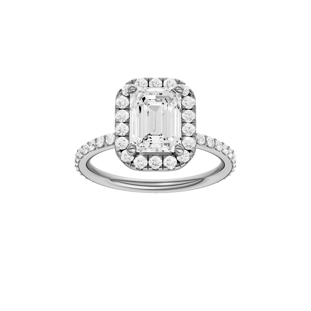 A front view of the Emerald cut diamond engagement ring in 14k white gold with a prong diamond band and cathedral setting