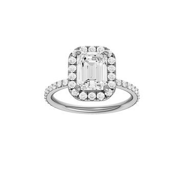 A front view of the Emerald cut diamond engagement ring in 14k white gold with a prong diamond band and cathedral setting