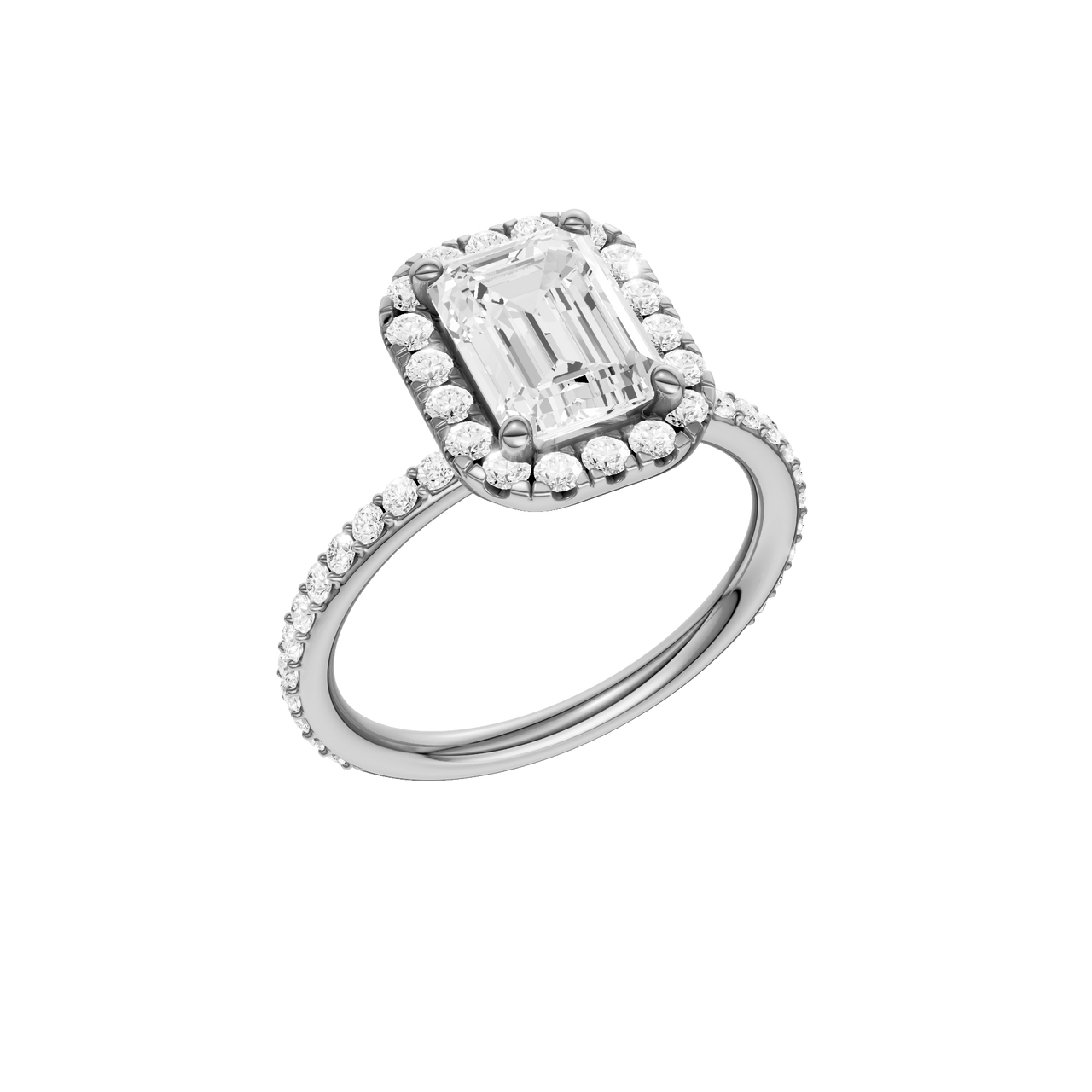 A three-quarter view of the Emerald cut diamond engagement ring in 14k white gold with a prong diamond band and cathedral setting