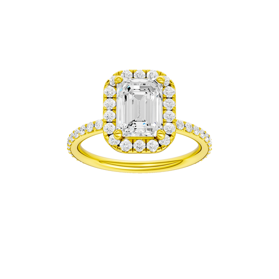 A front view of the Emerald cut diamond engagement ring in 14k yellow gold with a prong diamond band and cathedral setting