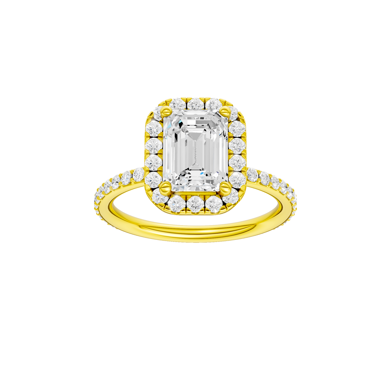 A front view of the Emerald cut diamond engagement ring in 14k yellow gold with a prong diamond band and cathedral setting