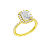 A three-quarter view of the Emerald cut diamond engagement ring in 14k yellow gold with a prong diamond band and cathedral setting