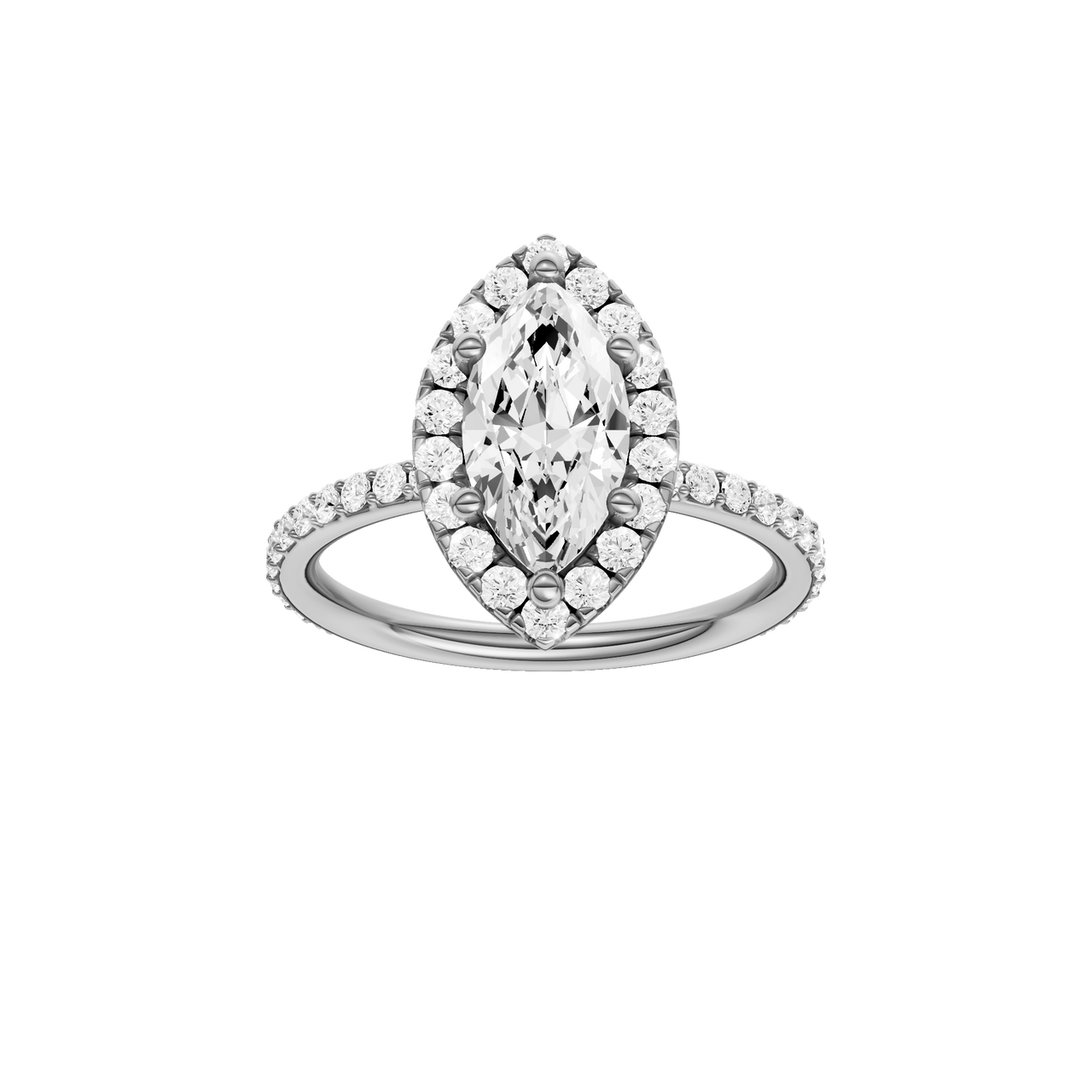 A front view of the Marquise cut diamond engagement ring in 14k white gold with a prong diamond band and cathedral setting