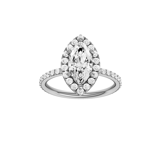 A front view of the Marquise cut diamond engagement ring in platinum with a prong diamond band and cathedral setting
