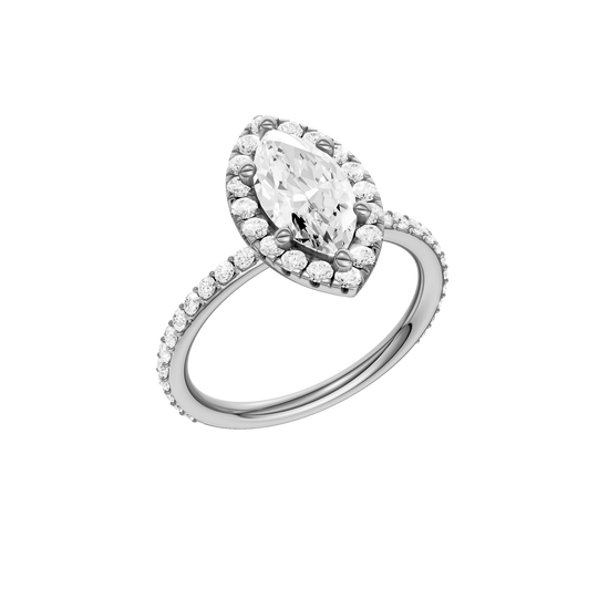 A three-quarter view of the Marquise cut diamond engagement ring in platinum with a prong diamond band and cathedral setting