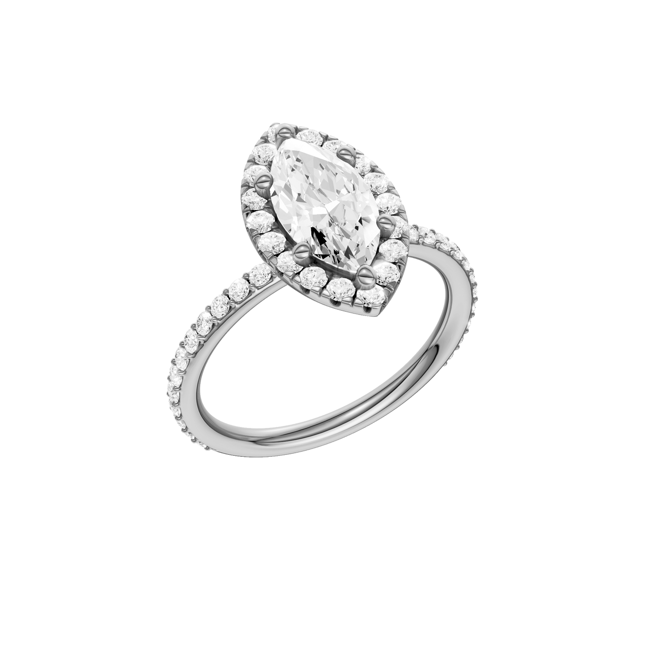 A three-quarter view of the Marquise cut diamond engagement ring in platinum with a prong diamond band and cathedral setting