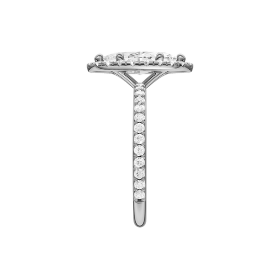 A side view of the Marquise cut diamond engagement ring in platinum with a prong diamond band and cathedral setting