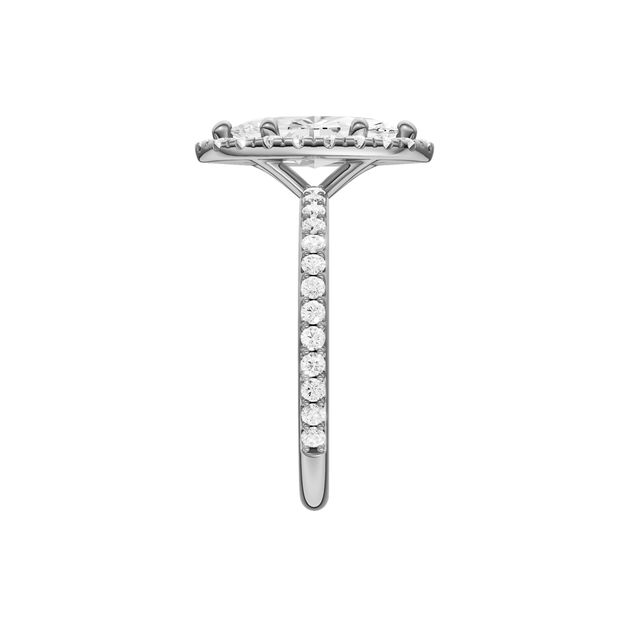 A side view of the Marquise cut diamond engagement ring in platinum with a prong diamond band and cathedral setting